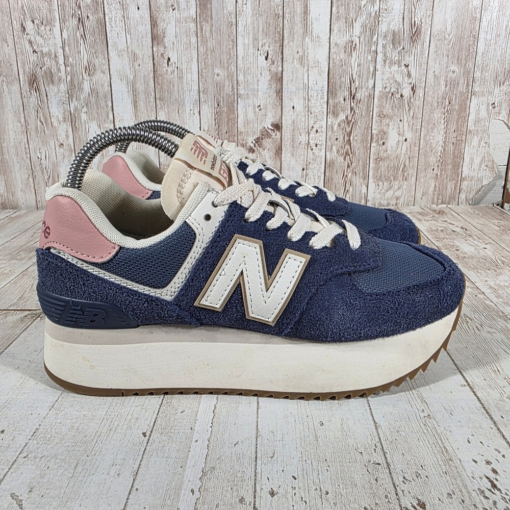 New Balance 574+ Platform Sneakers Navy Pink Suede WL574ZCB Mens 6 Womens 7.5